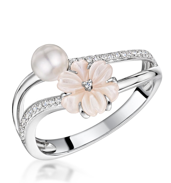 4.5mm Pearl with Shell and Diamond Stellato Ring in 9K White Gold - image 1
