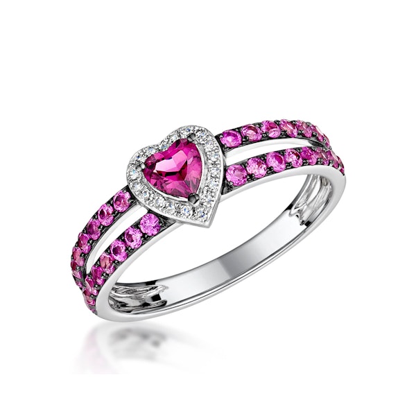 Rhodolite Pink Sapphire and Diamond Stellato Heart Ring 9K White Gold - Image 1