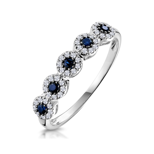 Sapphire and Halo Diamond Stellato Eternity Ring in 9K White Gold - Image 1
