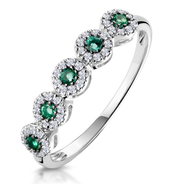 Emerald and Halo Diamond Stellato Eternity Ring in 9K White Gold - image 1