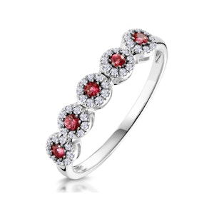Ruby and Halo Diamond Stellato Eternity Ring in 9K White Gold
