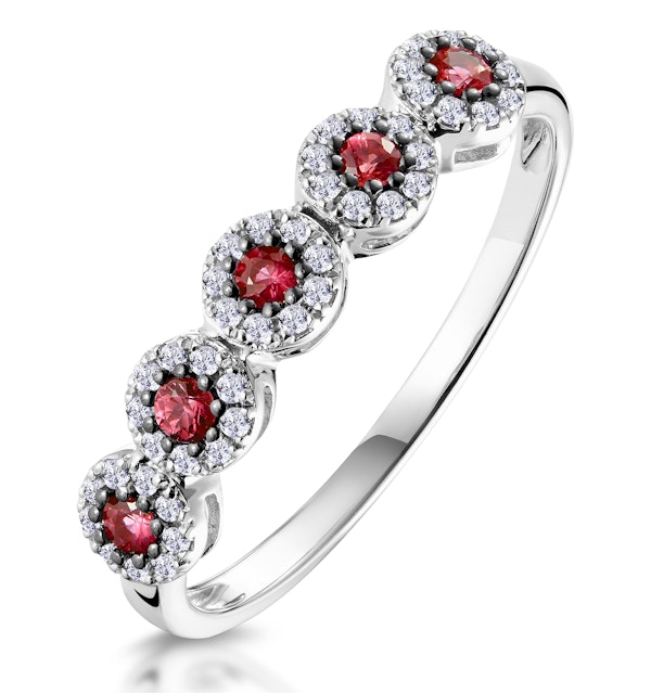Ruby and Halo Diamond Stellato Eternity Ring in 9K White Gold - image 1