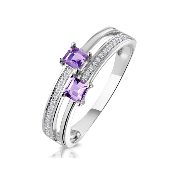 Twin Amethyst and Diamond Stellato Ring in 9K White Gold - Image 1