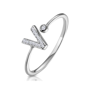 Lab Diamond Initial 'V' Ring 0.07ct Set in 925 Silver SIZE L N