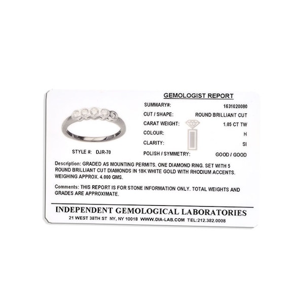 Certified 1.05CT 18K White Gold Five Stone Diamond Rubover Ring - SIZE O - Image 2