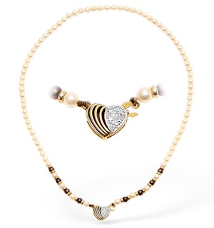 9K Gold Pearl and Diamond Necklace with Heart Detail 15Inches