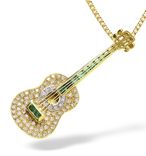 18K Gold Pave Diamond and Emerald Guitar Brooch - Pendant