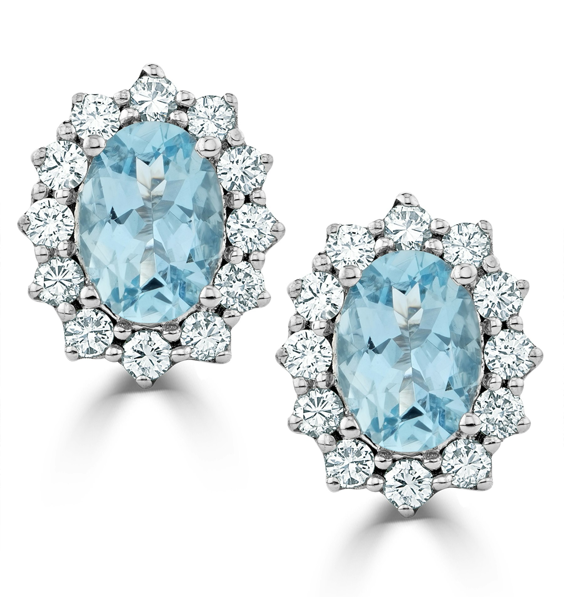 Aquamarine and Lab Diamond Cluster Earrings 7 x 5mm in 18K White Gold