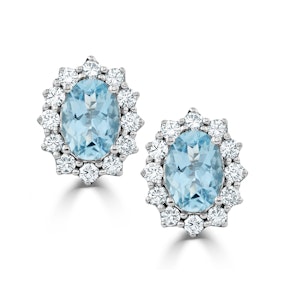 Aquamarine and Lab Diamond Cluster Earrings 7 x 5mm in 18K White Gold