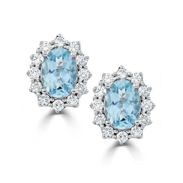Aquamarine and Diamond Cluster Earrings 7 x 5mm in 18K White Gold - Image 1