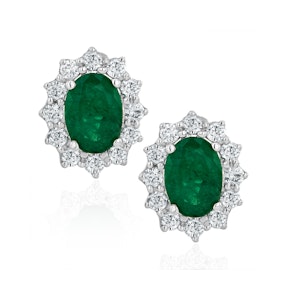 Emerald and Lab Diamond Cluster Earrings 7 x 5mm in 18K White Gold
