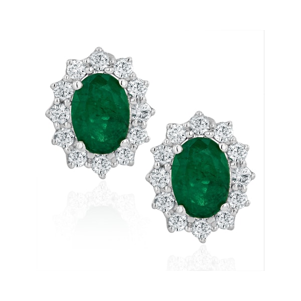 Emerald and Lab Diamond Cluster Earrings 7 x 5mm in 18K White Gold - Image 1