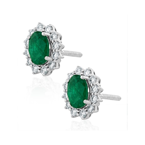 Emerald and Lab Diamond Cluster Earrings 7 x 5mm in 18K White Gold - Image 3