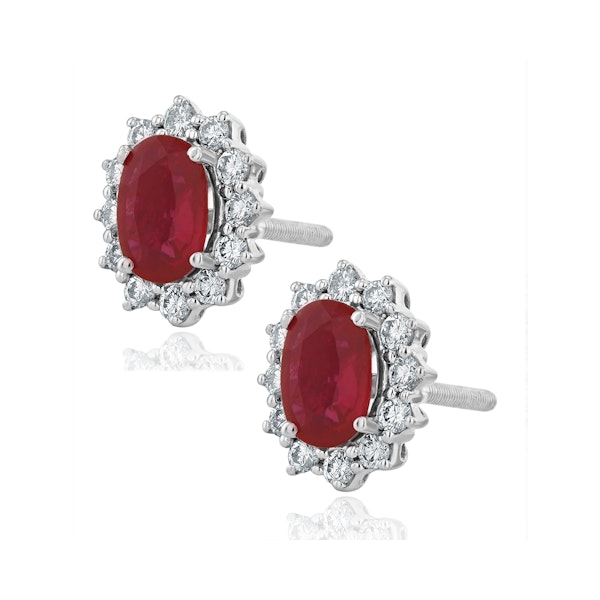 Ruby and Lab Diamond Cluster Earrings 7 x 5mm in 18K White Gold - Image 3