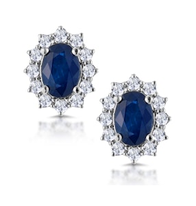 Sapphire and Lab Diamond Cluster Earrings 7 x 5mm in 18K White Gold