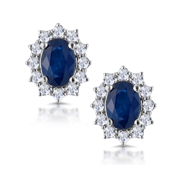 Sapphire and Lab Diamond Cluster Earrings 7 x 5mm in 18K White Gold - Image 1