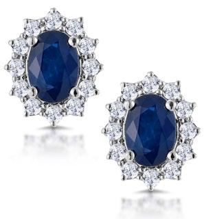 Sapphire and Lab Diamond Cluster Earrings 7 x 5mm in 18K White Gold