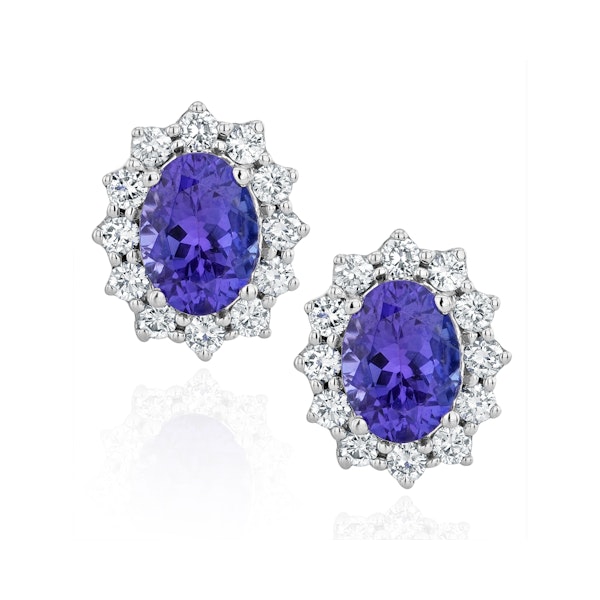Tanzanite and Lab Diamond Cluster Earrings 7 x 5mm in 18K White Gold - Image 1