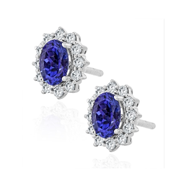 Tanzanite and Lab Diamond Cluster Earrings 7 x 5mm in 18K White Gold - Image 3
