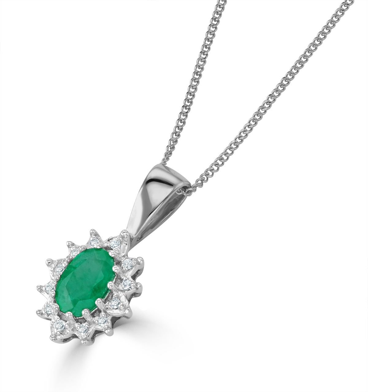 Emerald 6 X 4mm And Diamond 18K White Gold Pendant Necklace - Item FER25-GY