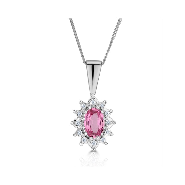 Pink Sapphire 6 X 4mm and Diamond 9K White Gold Pendant Necklace - Image 1