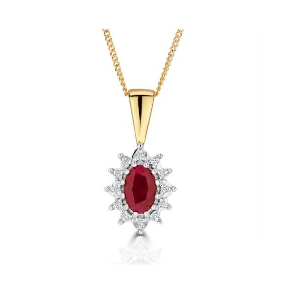 Ruby 6 x 4mm And Diamond 18K Yellow Gold Pendant Necklace - Image 1