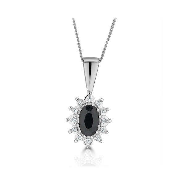 Sapphire and Diamond Cluster Pendant Necklace 6x4mm in 9K White Gold - Image 1