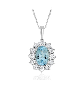 Aquamarine and Lab Diamond Cluster Necklace 9x7mm in 18K White Gold