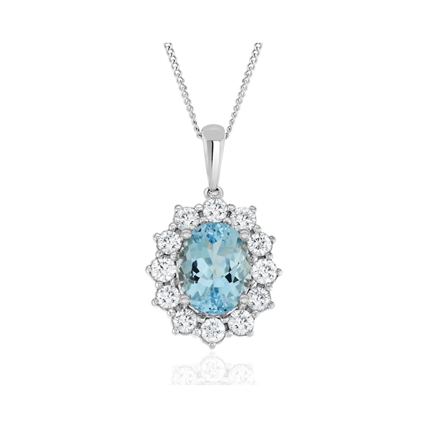 Aquamarine and Lab Diamond Cluster Necklace 9x7mm in 18K White Gold - Image 1
