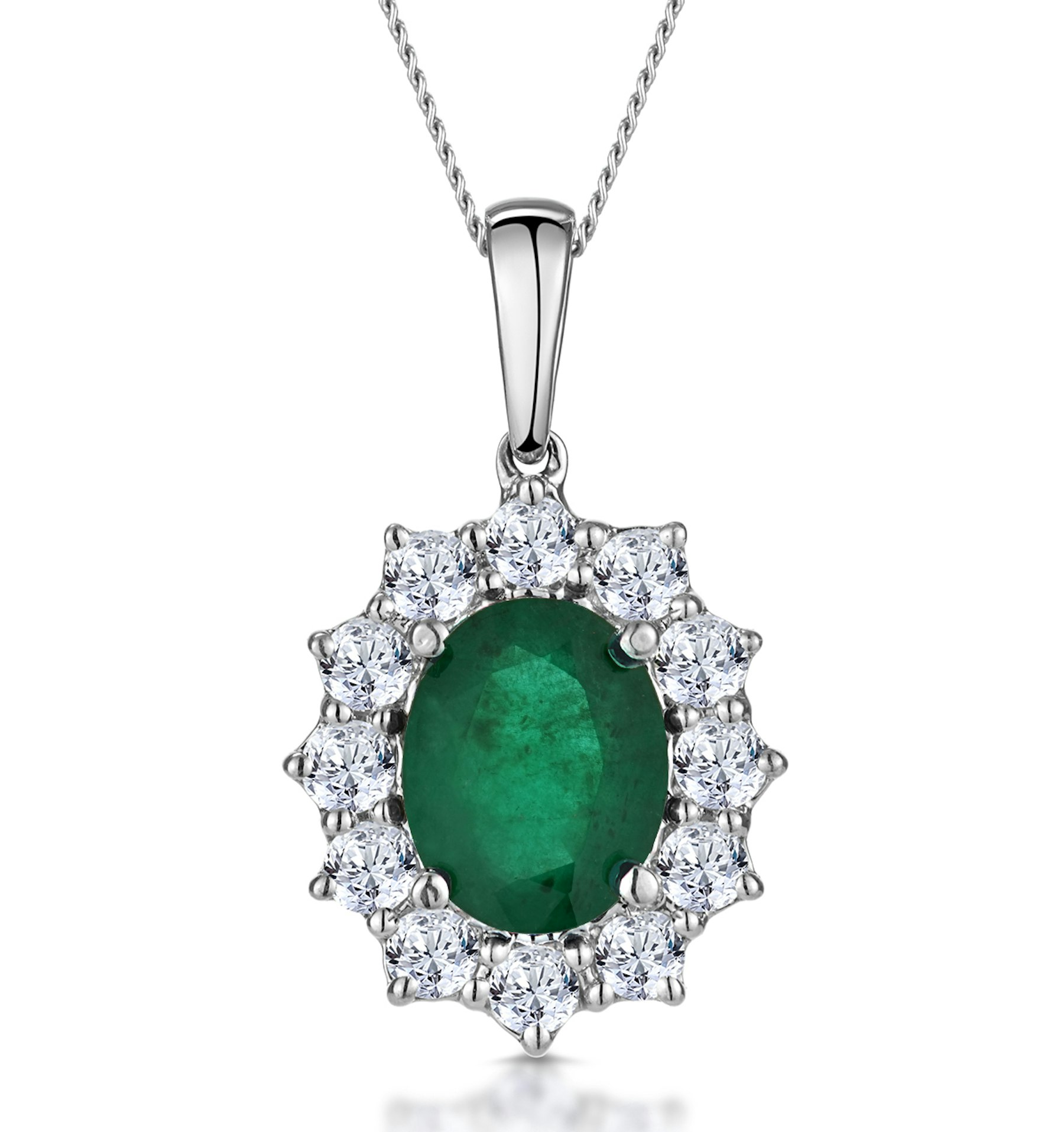 Emerald and Lab Diamond Cluster Necklace Pendant 9x7mm 18K White Gold