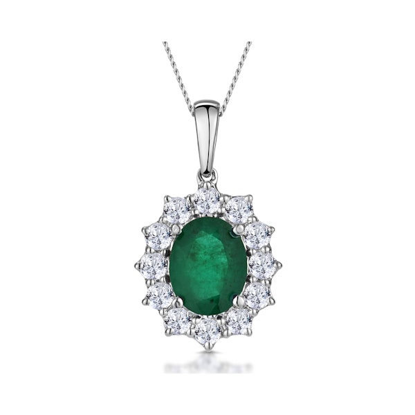 Emerald and Lab Diamond Cluster Necklace Pendant 9x7mm 18K White Gold - Image 1