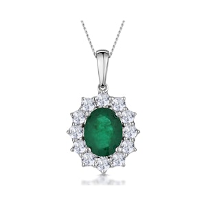 Emerald and Lab Diamond Cluster Necklace Pendant 9x7mm 18K White Gold