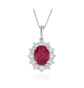 Ruby and Lab Diamond Cluster Necklace Pendant 9x7mm in 18K White Gold