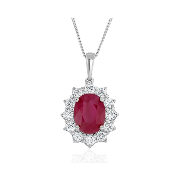 Ruby and Lab Diamond Cluster Necklace Pendant 9x7mm in 18K White Gold - Image 1