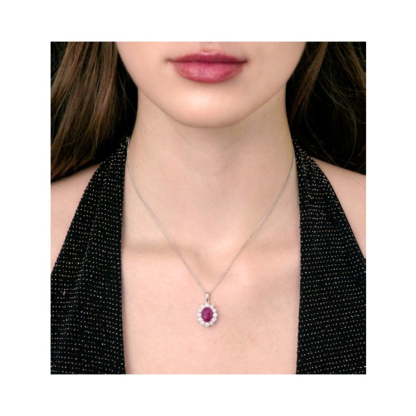 Lab Ruby 9x7mm and Lab Diamond Cluster Necklace Pendant in 18K White Gold - Image 2