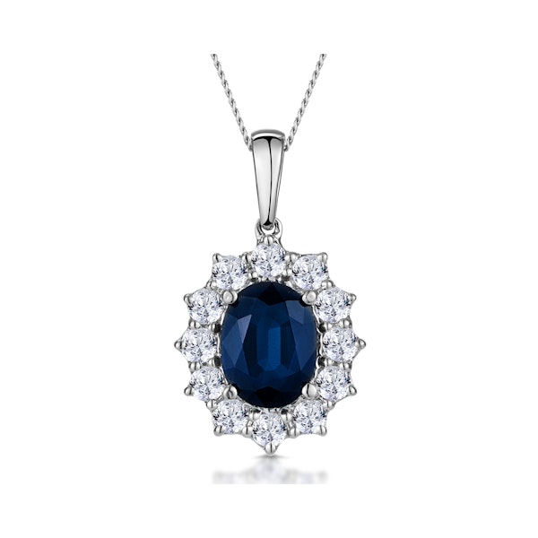 Sapphire and Diamond Cluster Necklace Pendant 9x7mm in 18K White Gold - Image 1