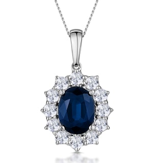 Sapphire and Lab Diamond Cluster Necklace 9x7mm in 18K White Gold