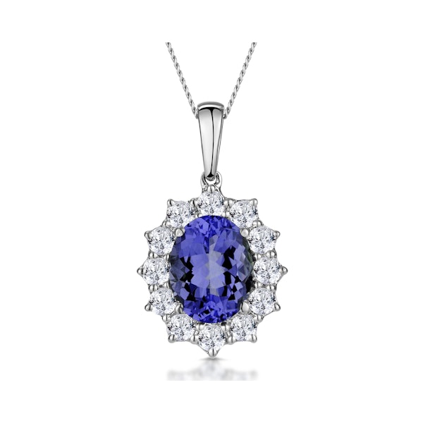 Tanzanite and Lab Diamond Cluster Necklace 9x7mm in 18K White Gold - Image 1