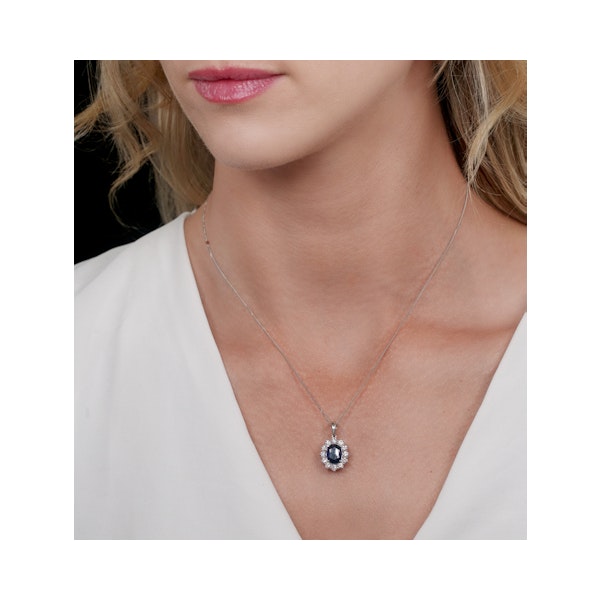 Lab Sapphire 9x7mm and Lab Diamond Cluster Necklace in 18K White Gold - Image 2