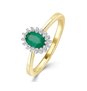 Emerald 6 x 4mm And Diamond 9K Gold Ring A3205