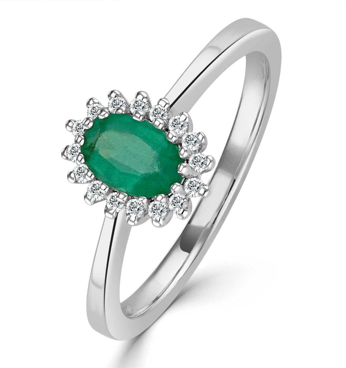 Emerald 6 x 4mm And Diamond 18K White Gold Ring Size S