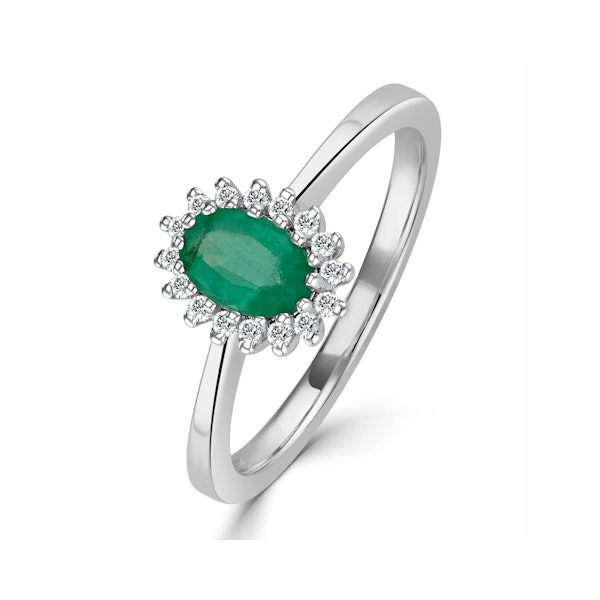 Emerald 6 x 4mm And Diamond 9K White Gold Ring Item SIZE Q - Image 1