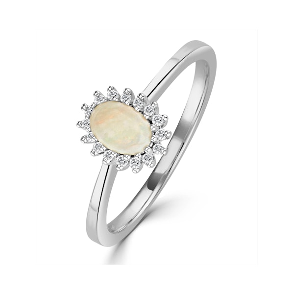 Opal 6 x 4mm And Diamond 9K White Gold Ring - Image 1