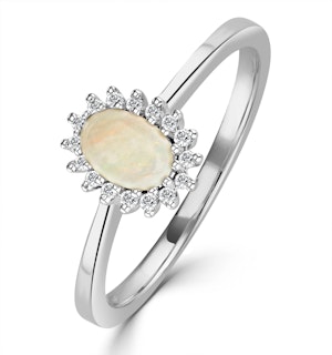 Opal 6 x 4mm And Diamond 9K White Gold Ring