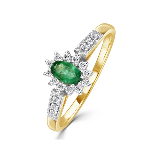 Emerald 5 x 3mm And Diamond 18K Gold Ring SIZES I - Image 1