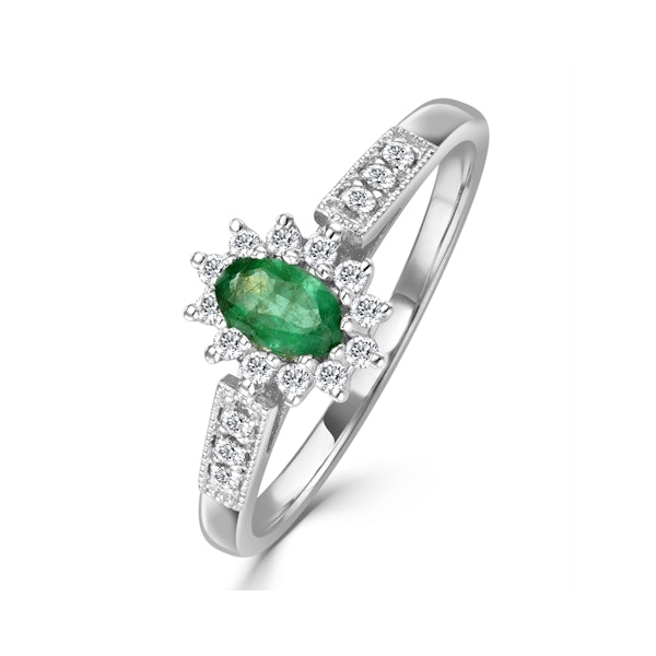 Emerald 5 x 3mm And Diamond 18K White Gold Ring - Image 1