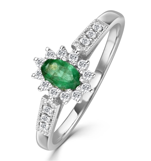Emerald 5 x 3mm And Diamond 18K White Gold Ring - image 1