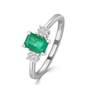 Emerald 6 x 4mm And Diamond 18K White Gold Ring