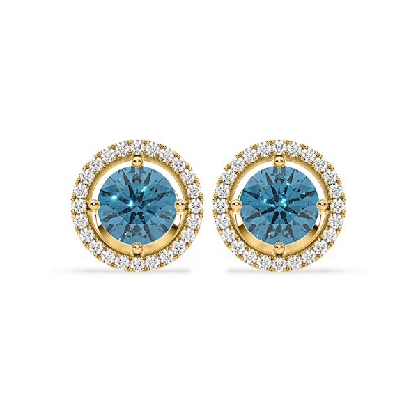 Ella Blue Lab Diamond 2.45ct Halo Earrings in 18K Yellow Gold - Elara Collection - Image 1