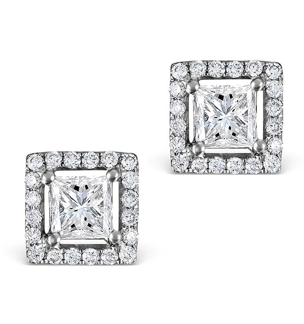 Halo Diamond Earrings - Ella Princess Cut 18K White Gold 1.40ct G/Vs - image 1